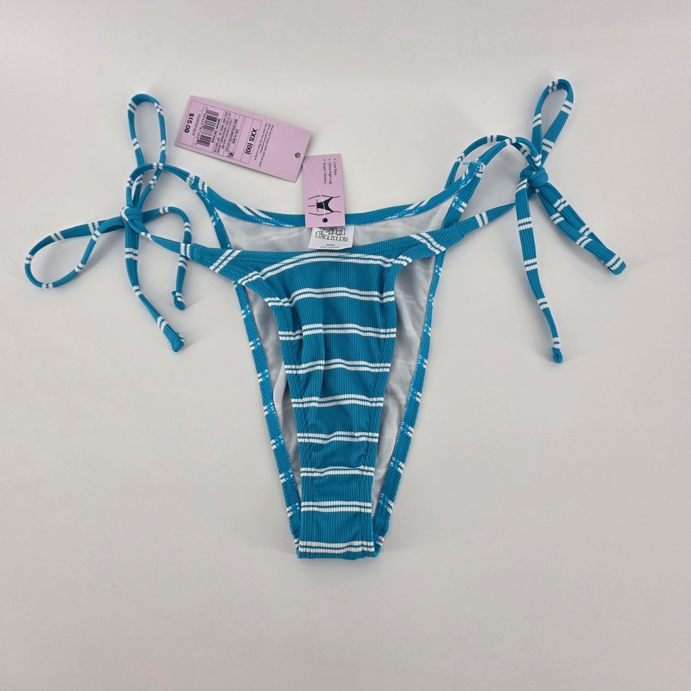 Wild Fable Teal White Striped Ribbed Side Tie Bikini Bottom XXS Super Cheeky 715